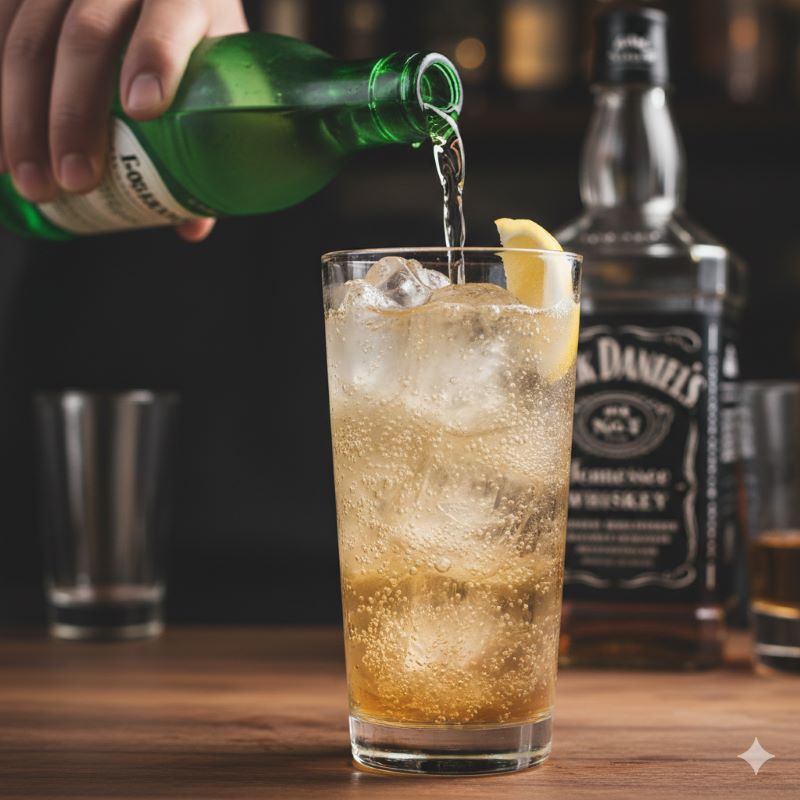 炭酸が抜けないように、氷を避けて静かにジンジャーエールをグラスに注いでいる様子