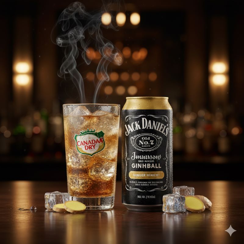 高級感のある照明の下で撮影された、冷えたジャックダニエル＆カナダドライ缶とグラスのイメージ写真