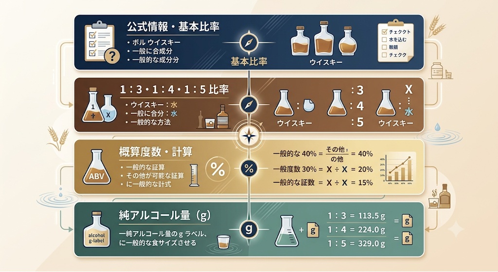 ハイボールの比率、概算度数、純アルコール量、公式情報の確認項目を整理した図