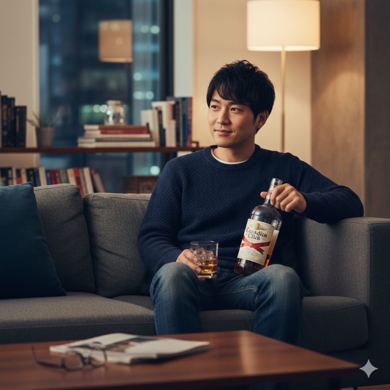 自宅のリビングで白いラベルのカナディアンクラブ風ウイスキーを手にくつろぐ日本人男性