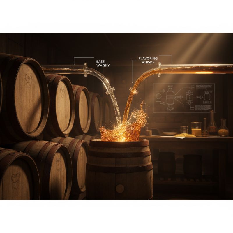 カナディアンクラブ独自のプレ・ブレンディング製法をイメージした蒸溜所の木樽とスピリッツ