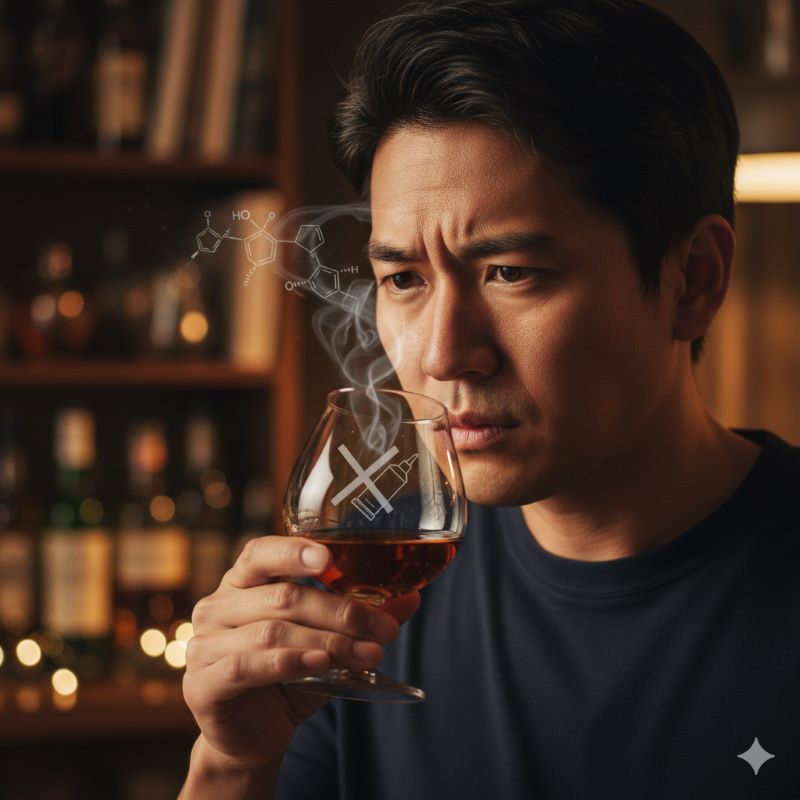 ウイスキーの香りを真剣に確かめる日本人男性、セメダイン臭の有無を確認する様子