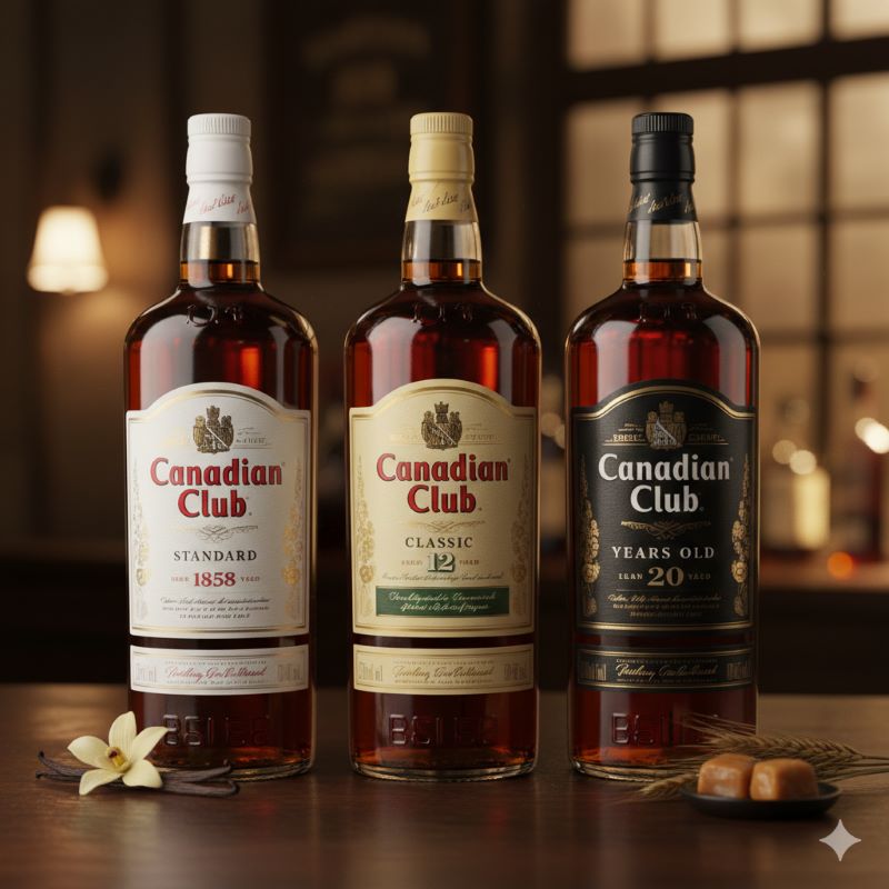 カナディアンクラブのラインナップ比較：スタンダード1858、クラシック12年、20年のボトルが並ぶ様子