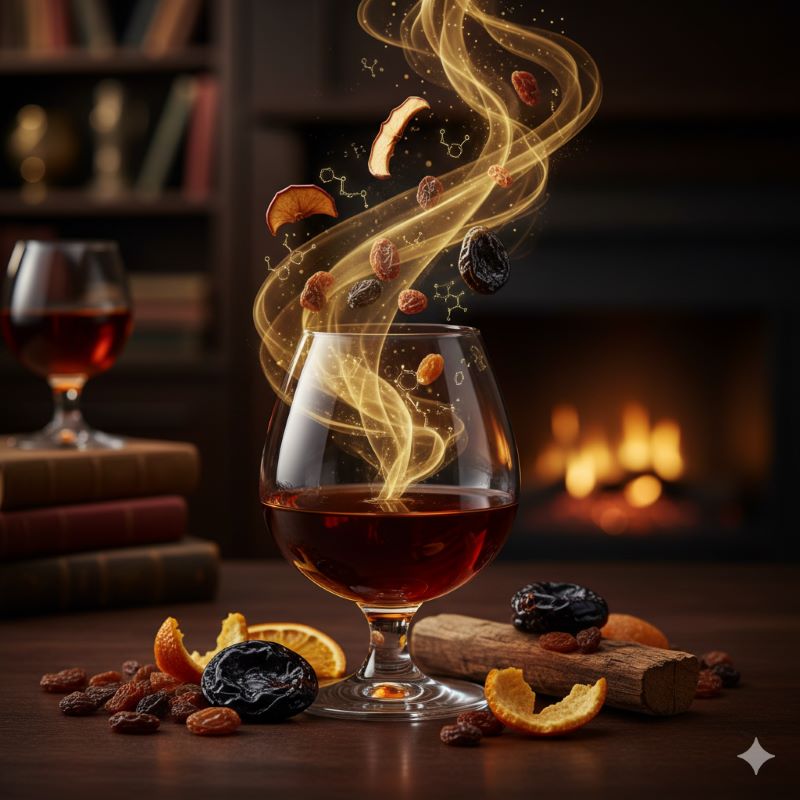 長期熟成ウイスキーの深みある琥珀色と芳醇な香りをイメージさせるグラスとドライフルーツ