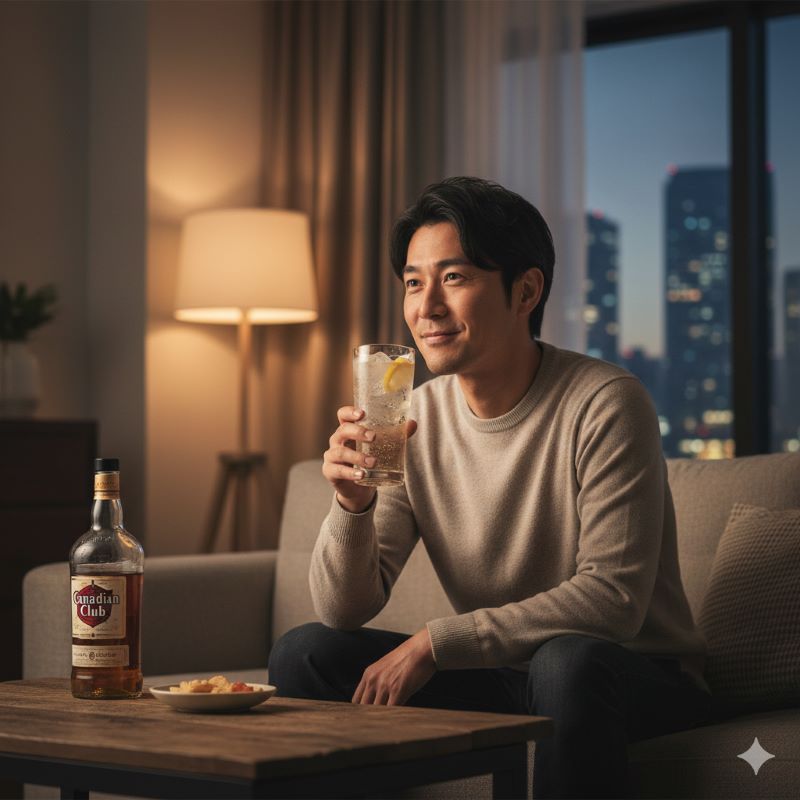 自宅でリラックスしてカナディアンクラブのハイボールを楽しむ日本人男性、満足げな表情