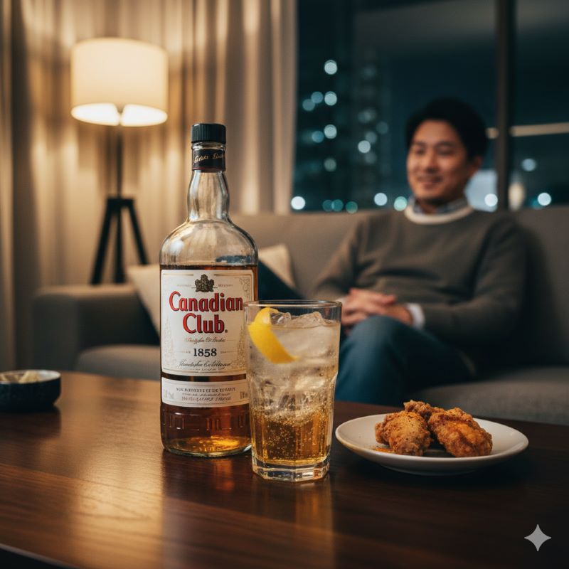 家飲みの定番、白いラベルのカナディアンクラブ1858ボトルとグラスがテーブルに置かれた様子