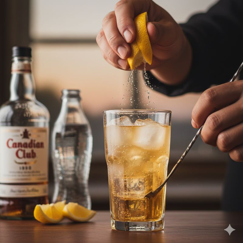 美味しいハイボールの仕上げにレモンピールを絞りかけ、香りを立たせている手元のクローズアップ