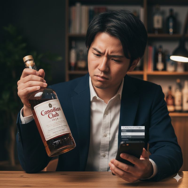 カナディアンクラブの評価や噂を確認するようにボトルを見つめる日本人男性