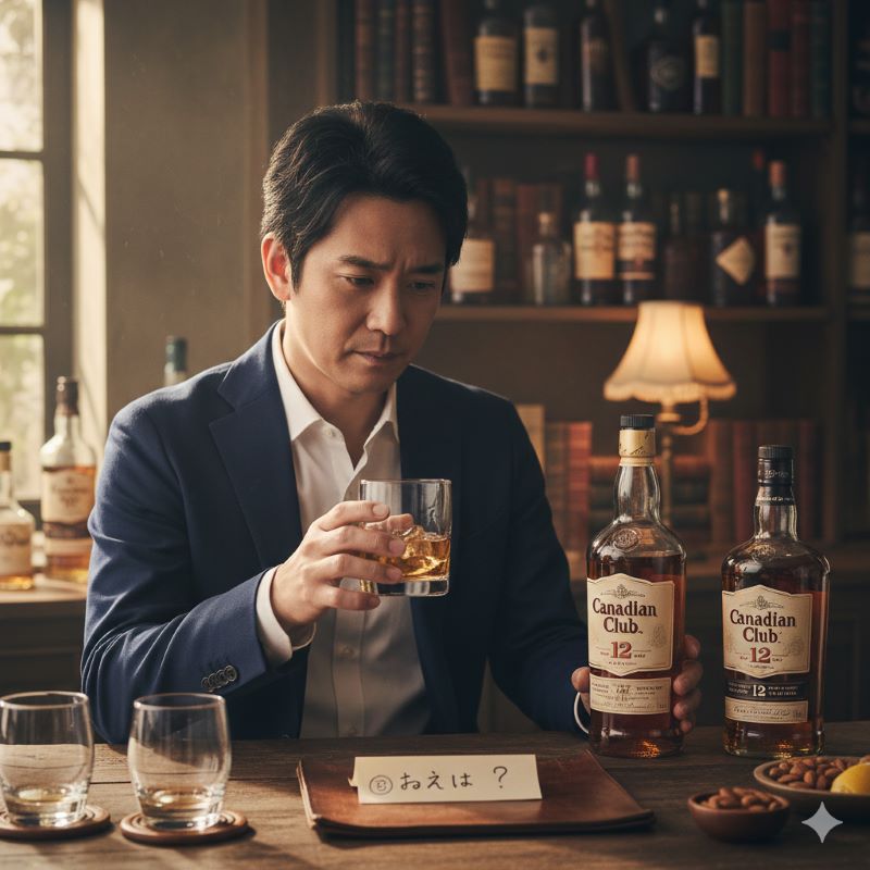 カナディアンクラブがまずいという噂について考える、ホームバーでウイスキーを見つめる日本人男性の様子
