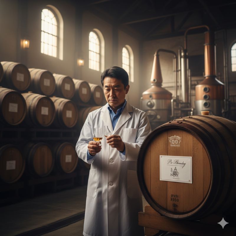 伝統的な蒸留所でプレ・ブレンディング製法に携わるプロのブレンダーと並ぶウイスキー樽
