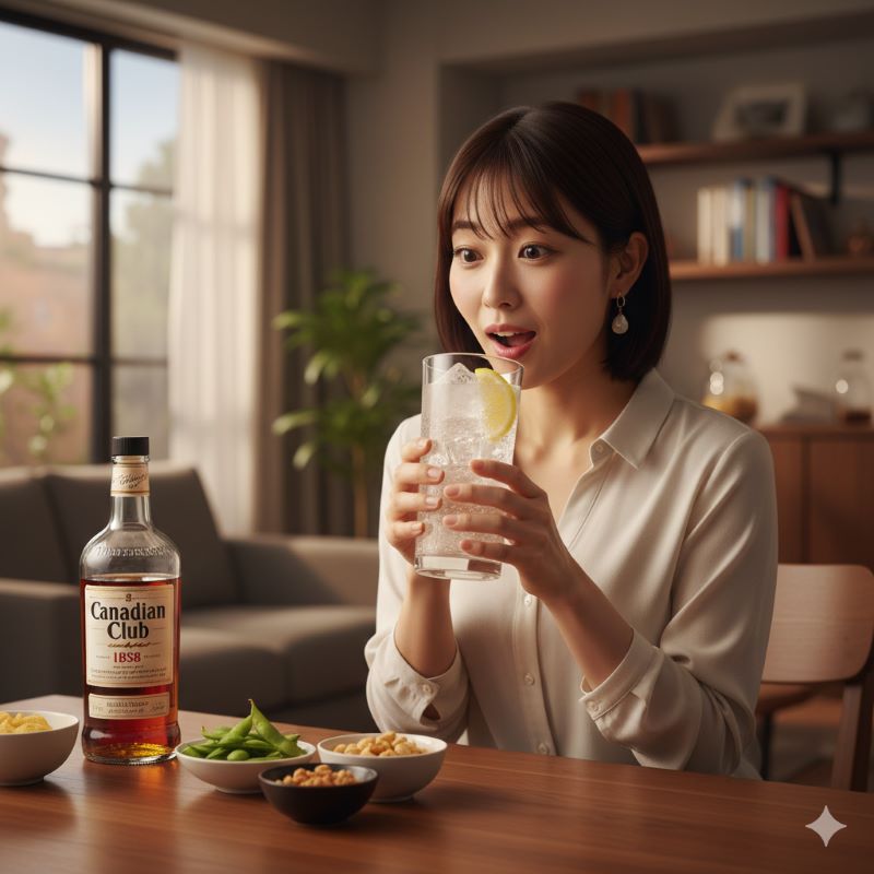 自宅でカナディアンクラブのハイボールを飲み、その飲みやすさに驚く日本人女性
