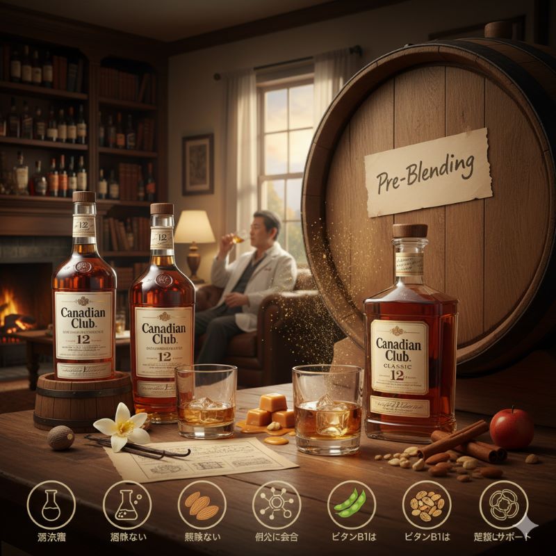 比較のために並べられたカナディアンクラブのスタンダードボトルとクラシック12年