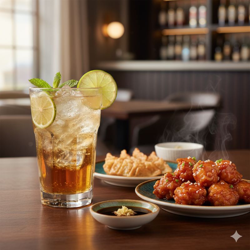 ライムを添えたカナディアンクラブのジンジャーエール割りと、相性の良い中華料理のペアリング