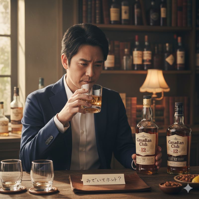 ホームバーでカナディアンクラブの評価や味の真相を確かめようと思案する日本人男性