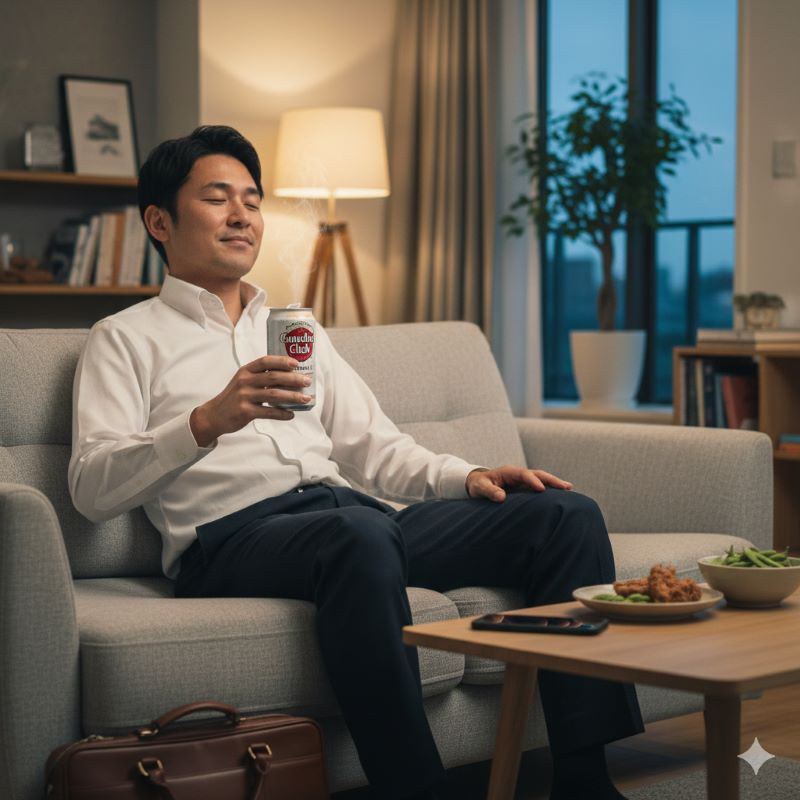 仕事終わりに自宅で手軽なハイボール缶を楽しんでリラックスする日本人の様子