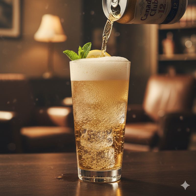 炭酸の泡が美しく立ち上る、カナディアンクラブのハイボール缶を注いだグラスの接写