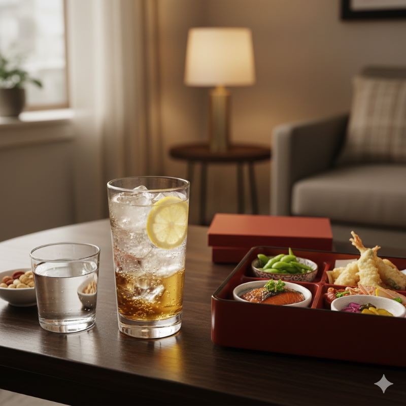 二日酔い対策として有効な、和食のおつまみや水と一緒に楽しむハイボールのセット