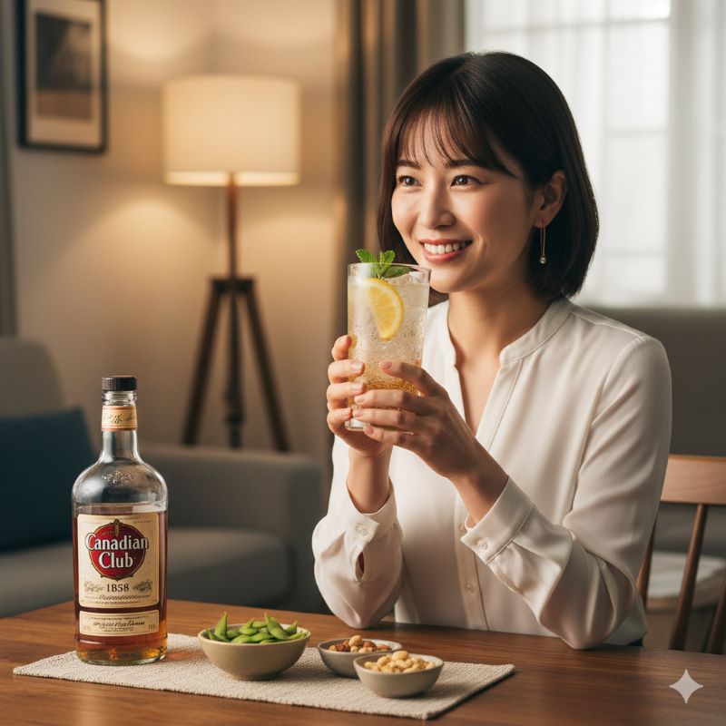 カナディアンクラブの真の魅力を知り、満足そうにハイボールを楽しむ日本人女性の笑顔