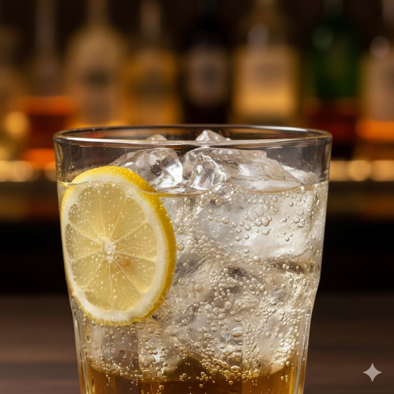 透明感のある氷と炭酸が弾ける、美味しそうなウイスキーハイボールのイメージ画像