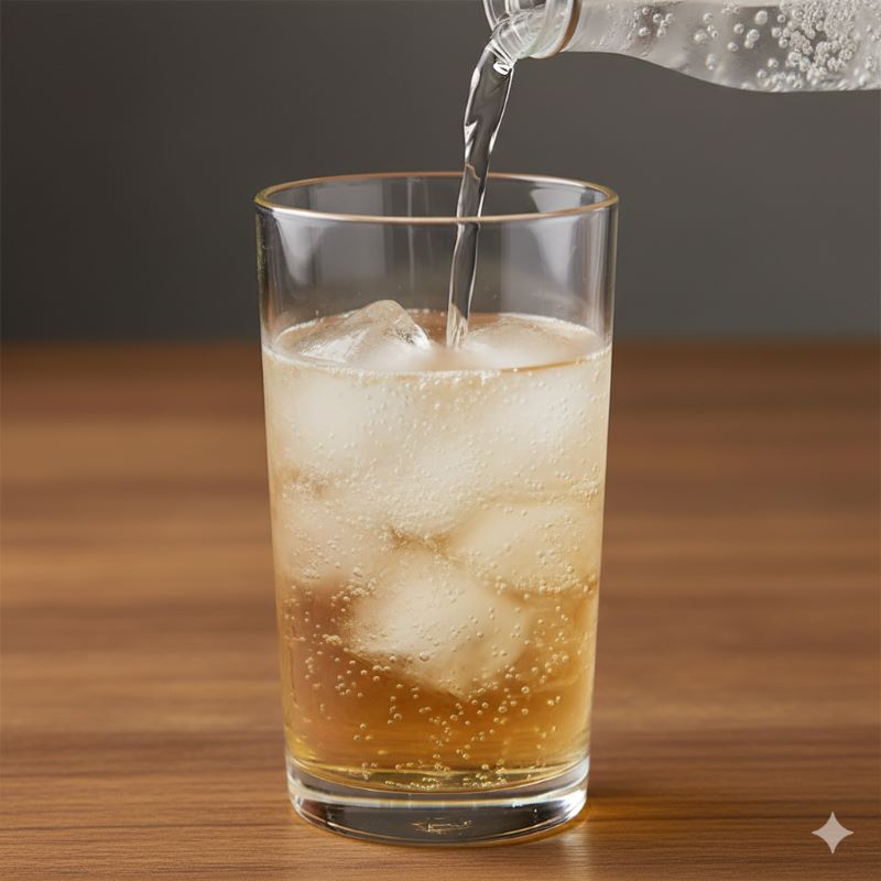 黄金比でハイボールを作るために、氷の入ったグラスに炭酸水を注ぐ様子