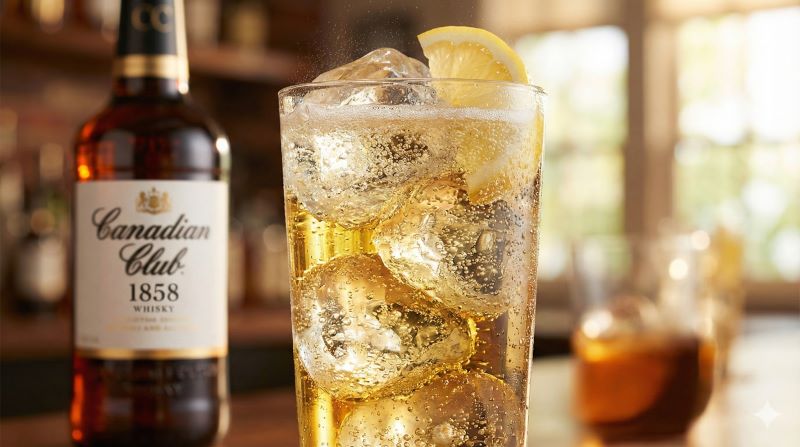 琥珀色の液体と炭酸が美しく輝く、清涼感あふれるウイスキーハイボールのイメージ