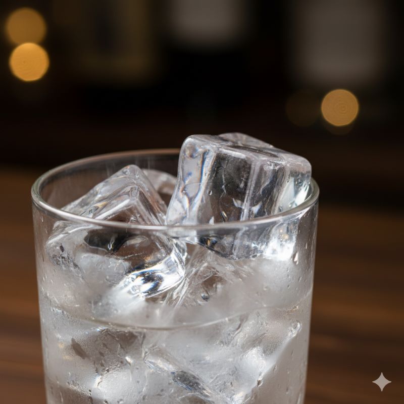 ハイボールを美味しく作るための、透明度の高い大きなロックアイスの接写画像