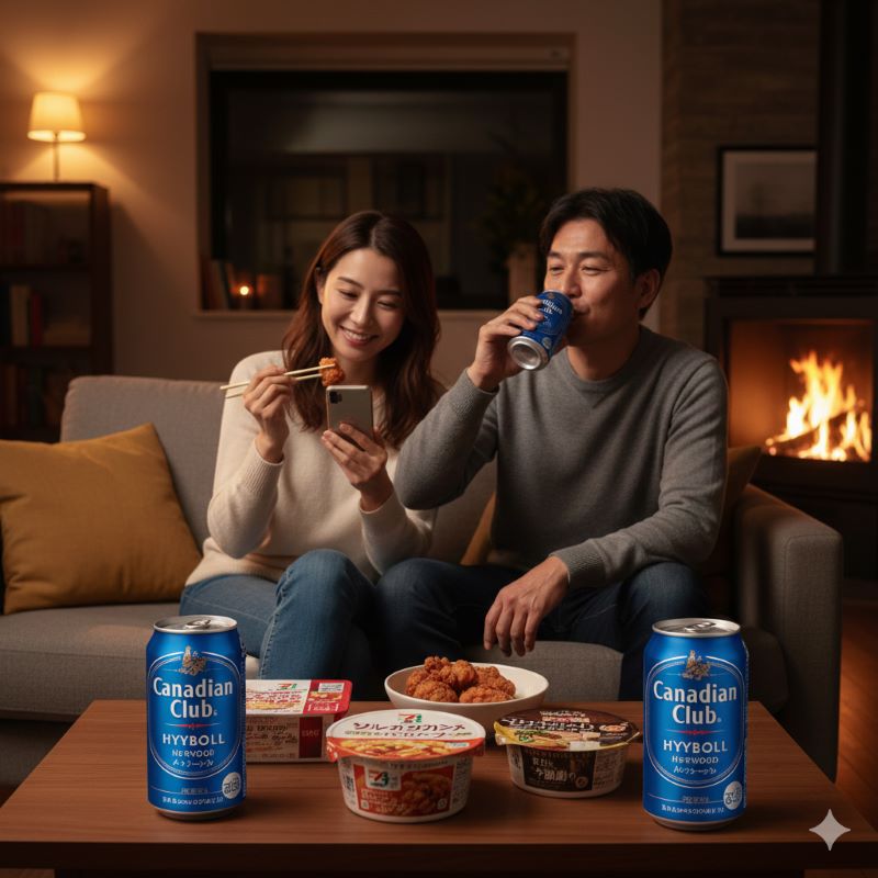 夜の自宅のリビングで、コンビニのハイボール缶とおつまみを楽しむリラックスタイム