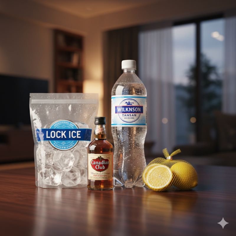 コンビニで購入できる、ハイボール作りに必要なウイスキー小瓶、炭酸水、氷のセット