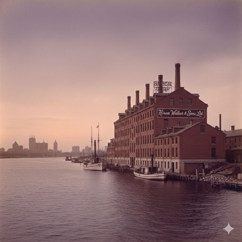 1858年創業当時のハイラム・ウォーカー蒸留所をイメージした、デトロイト川沿いに佇む歴史あるレンガ造りの建物