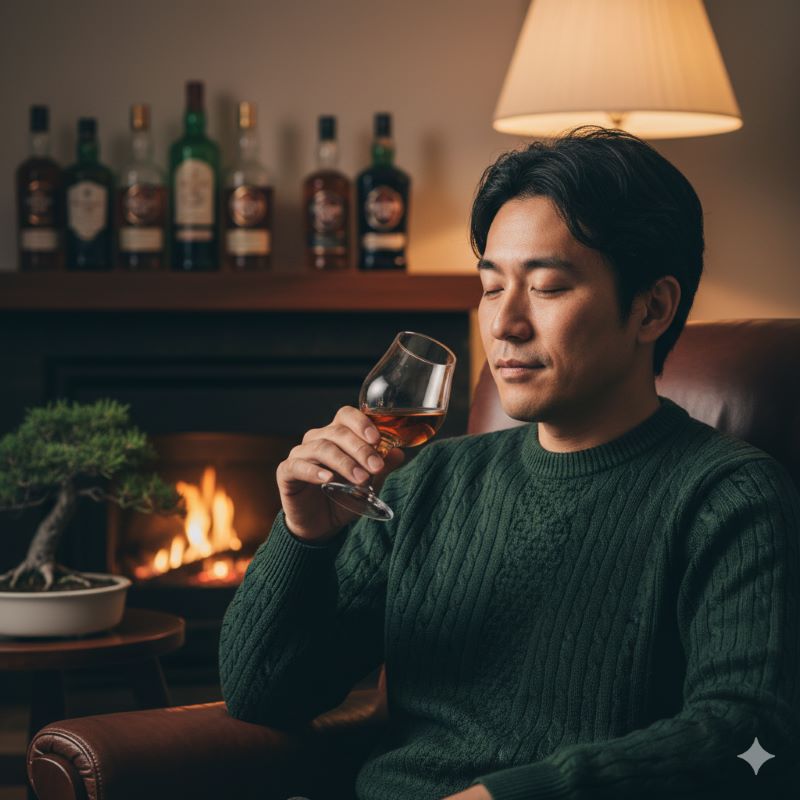 ウイスキーの華やかな香りを楽しみながらリラックスする日本人の男性