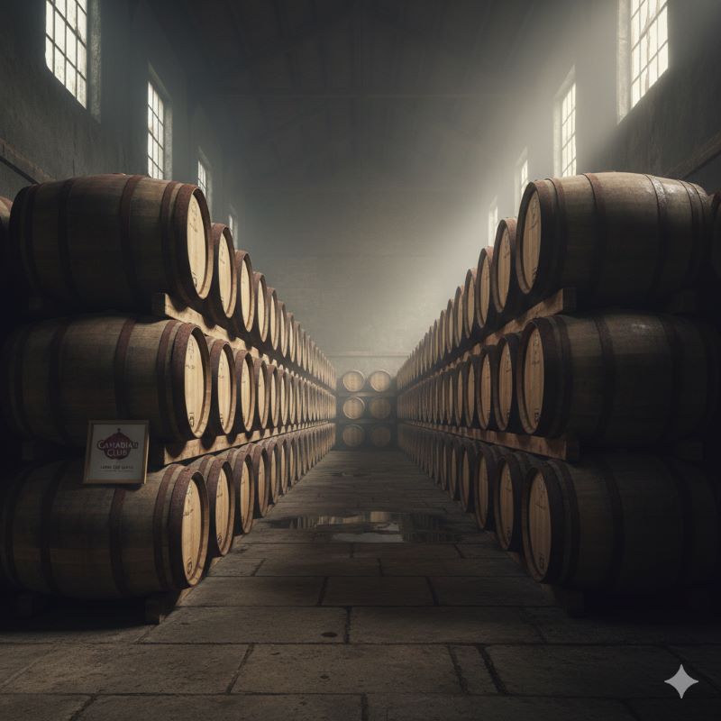 静寂に包まれた熟成庫の中で、長期間の眠りにつく数多くのオーク樽