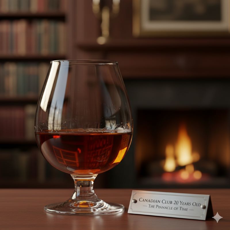 20年の歳月を経て深い琥珀色に変化した、気品溢れる長期熟成ウイスキーのグラス