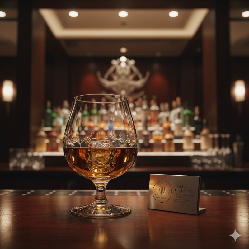 世界的な品評会での評価を裏付けるような、高級感あふれるバーカウンターに置かれた黄金色のウイスキーグラス