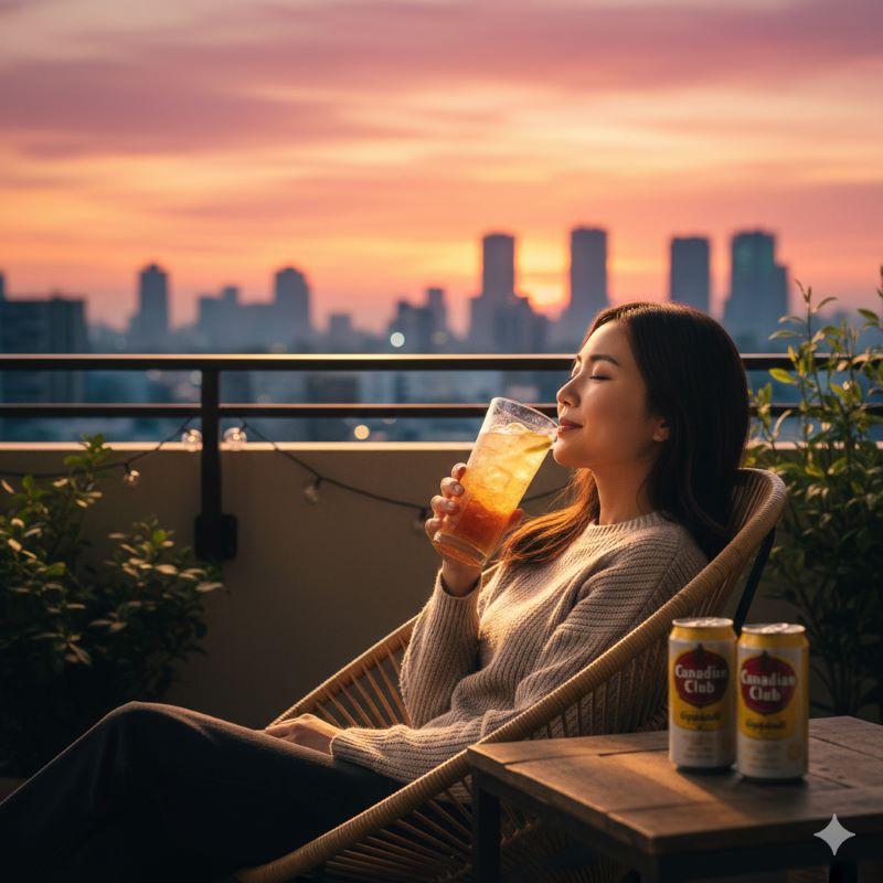 夕暮れ時のベランダで、手軽にハイボールを楽しむリラックスしたひととき