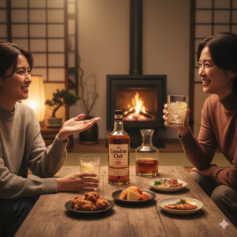 カナディアンクラブを囲んで自宅で穏やかな時間を過ごす、誠実で温かいライフスタイルのイメージ