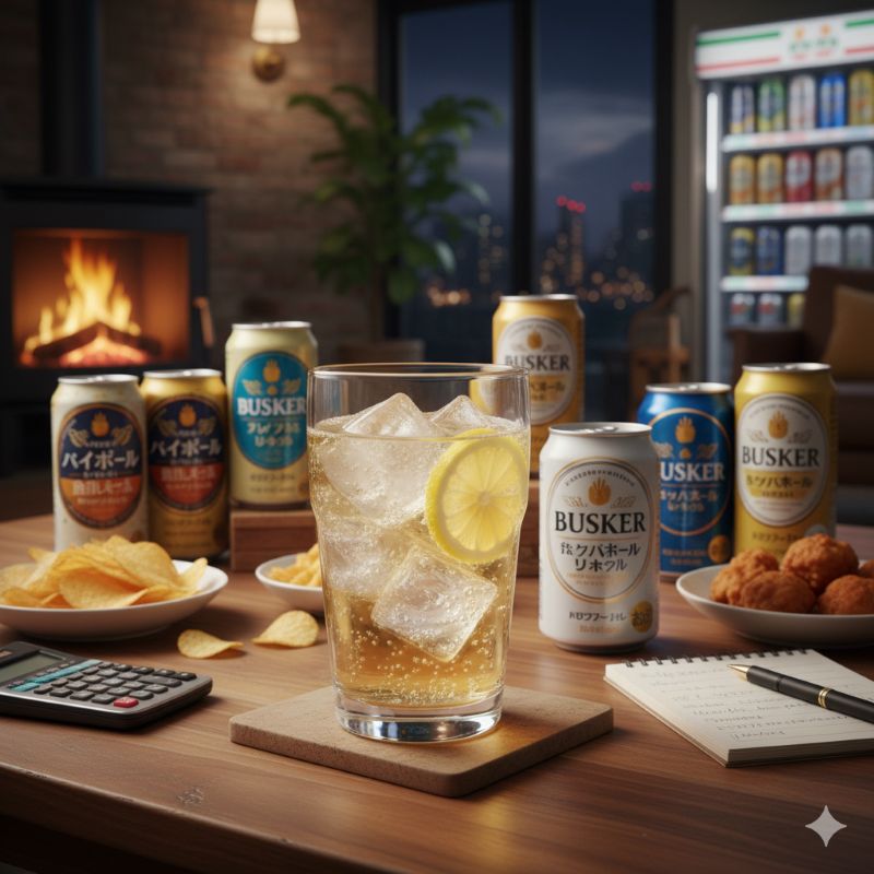 木製のテーブルの上に置かれた、大きな氷とレモンが添えられた冷たくて爽快なハイボール。2026年の人気ランキングを象徴する一杯。