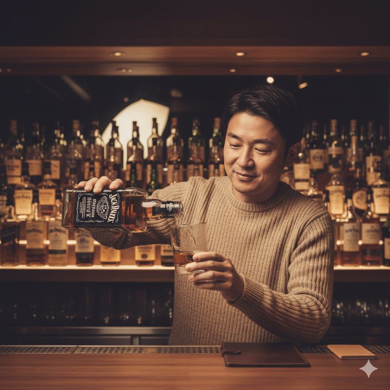 バーのカウンターで黒い四角いボトルのウイスキーを眺めながらグラスを傾ける日本人男性