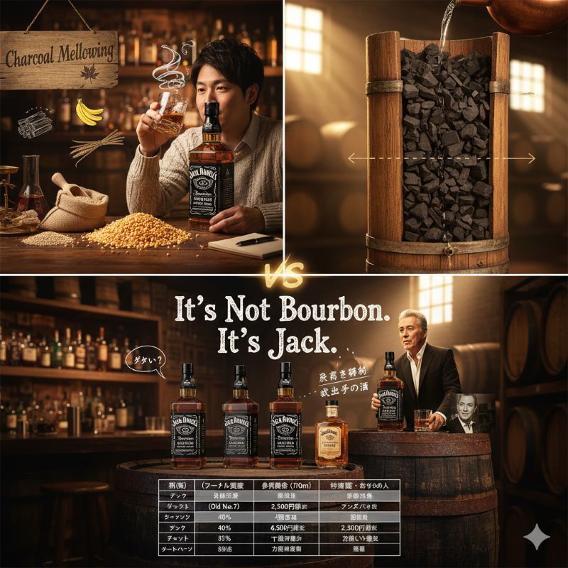 サトウカエデの木炭を通してウイスキーの原酒が一滴ずつろ過されるチャコールメローイング製法のイメージ