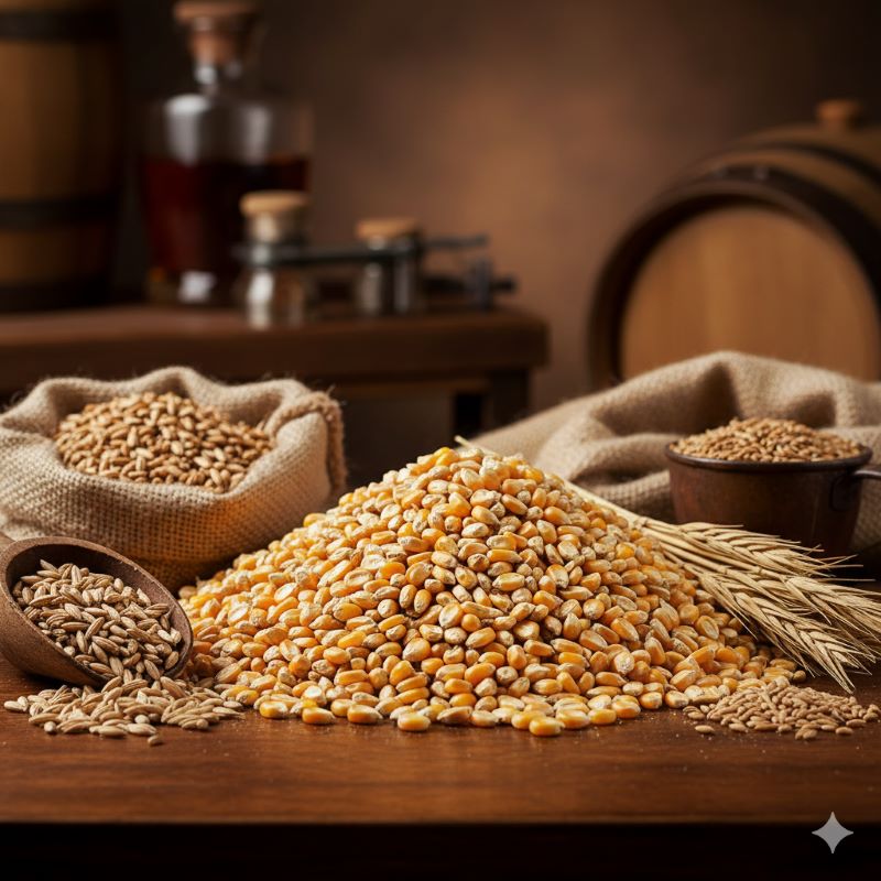 ウイスキーの原料となる大量の乾燥トウモロコシと少量の麦芽やライ麦が木製テーブルに置かれている様子