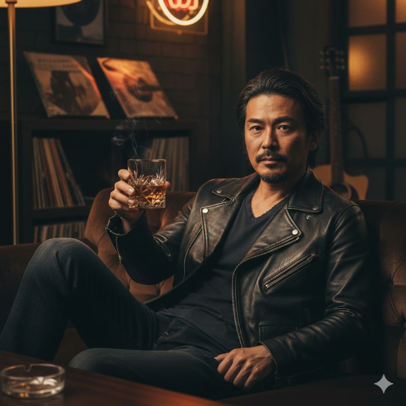 薄暗い雰囲気のある空間でロックグラス片手にくつろぐ、革ジャンを着たスタイリッシュな日本人男性