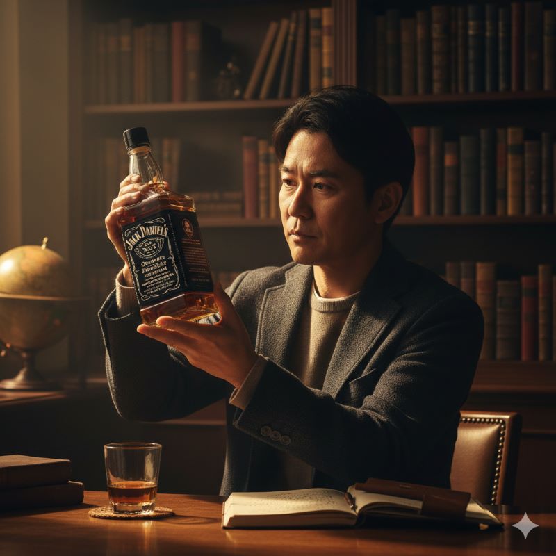 書斎でウイスキーのボトルを光にかざし、その色合いや特徴を真剣な表情で確認している日本人男性