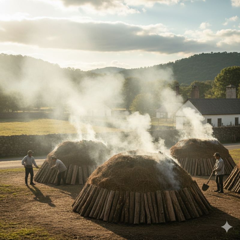 ウイスキーのろ過に使われるサトウカエデの木材が積み上げられ、煙を上げながら木炭へと加工される伝統的な風景