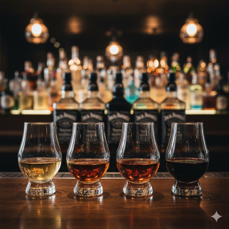 バーカウンターの上に並べられた、淡い黄金色から濃い琥珀色まで色味の異なる4種類のウイスキーが入ったテイスティンググラス