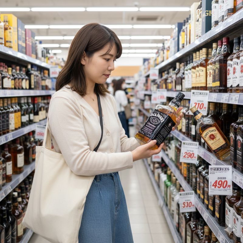 日本のスーパーマーケットのお酒売り場で、棚に陳列された様々なウイスキーボトルを手に取り、価格やラベルを確認している日本人女性