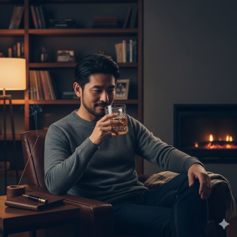 自宅のリラックスした空間で、大きな氷の入ったロックグラスを傾けながら、ウイスキーの香りと時間を楽しむ日本人男性