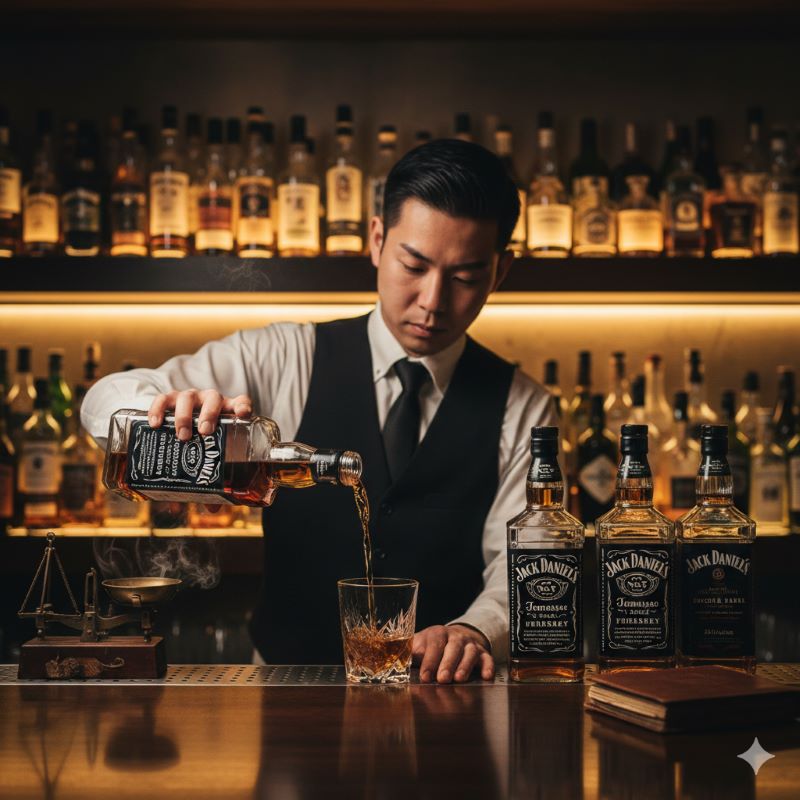 落ち着いた雰囲気のバーで、日本人のバーテンダーが丁寧にウイスキーをグラスに注いでいる様子。テネシーウイスキーならではのこだわりと品質の高さを表現