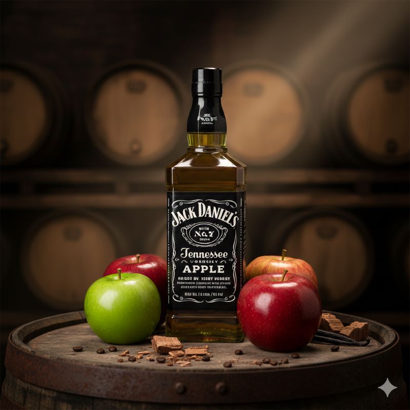 ジャックダニエルアップルの味の構成要素である3種類の新鮮なリンゴ（グラニースミス、レッドデリシャス、マッキントッシュ）と熟成樽のイメージ