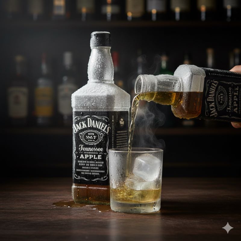 薬っぽさを消すためにキンキンに冷やしたジャックダニエルアップルのボトルとロックグラス