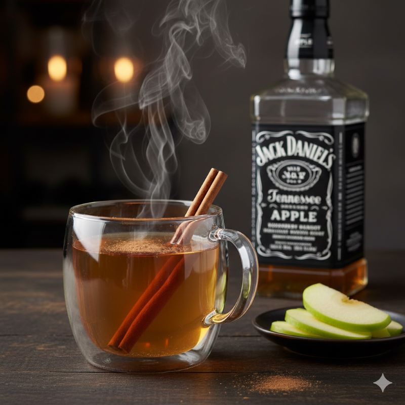 シナモンスティックを添えたジャックダニエルアップルのホットお湯割り