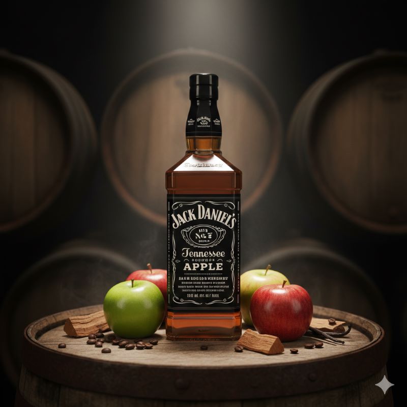 ジャックダニエル・アップルのボトルと、その味わいを構成する3種類の新鮮な青リンゴと熟成オーク樽のイメージ